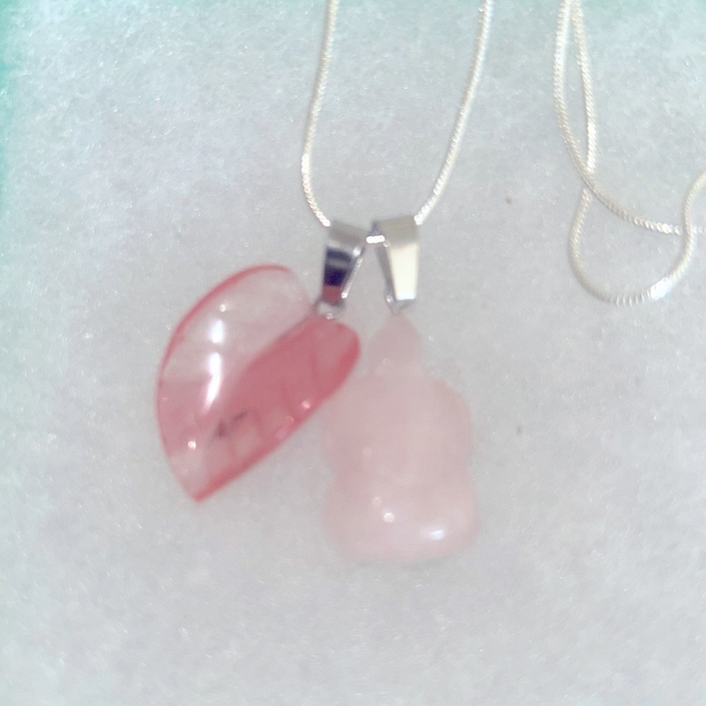 Cherry Quartz Leaf I & Rose Quartz turtle 🐢 sterling silver 16” necklace